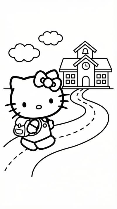 Hello Kitty with backpack walking to school coloring page for kids age 6-8