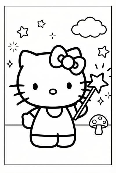 Hello Kitty holding a star magic wand in a simple magic scene coloring page for kids age 6-8