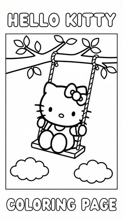 Hello Kitty sitting on a swing with simple clouds coloring page for kids age 6-8