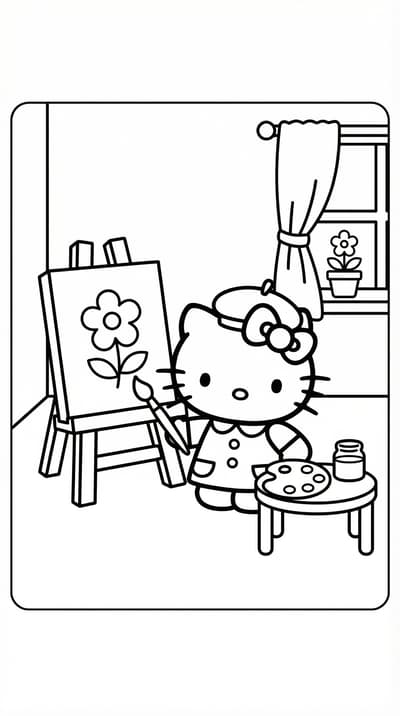 Hello Kitty painting on an easel in a simple room coloring page for kids age 6-8