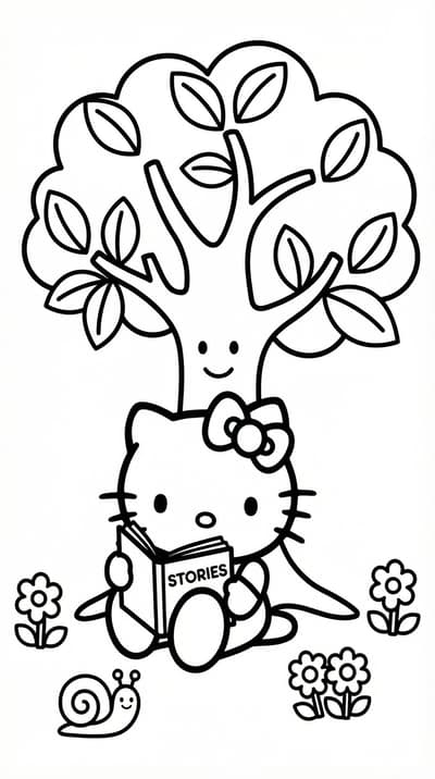 Hello Kitty reading a book under a small tree coloring page for kids age 6-8