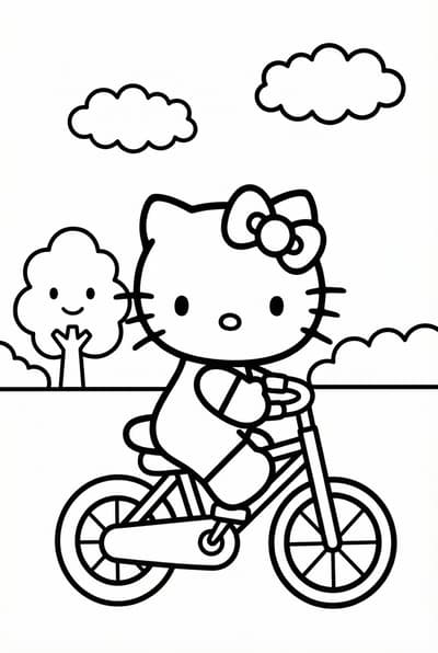 Hello Kitty riding a bicycle with a small tree and clouds coloring page for kids age 6-8