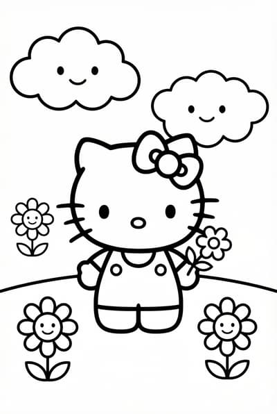 Hello Kitty in a simple cute scene with 2-3 background elements coloring page for kids age 6-8