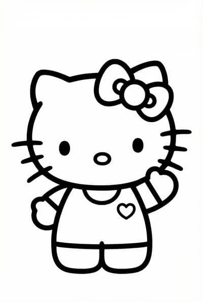 Hello Kitty waving with heart coloring page for preschool age 3-5