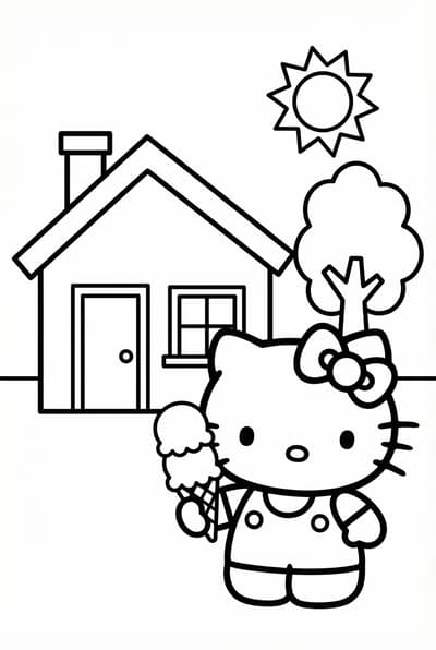 Hello Kitty holding an ice cream in front of a small house coloring page for kids age 6-8
