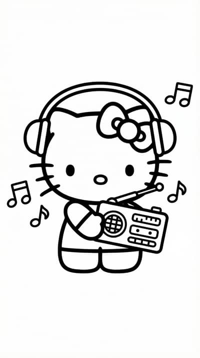 Hello Kitty listening to music with simple notes and radio coloring page for kids age 6-8