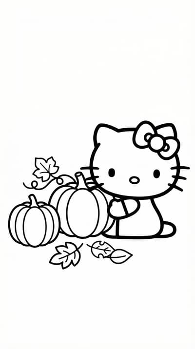 Hello Kitty with a few simple pumpkins coloring page for kids age 6-8