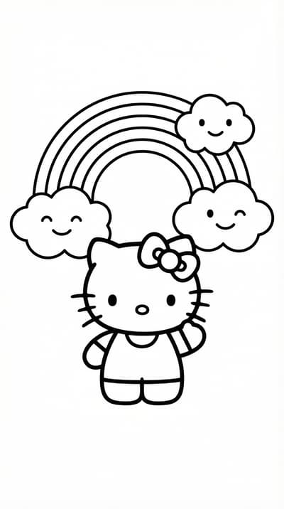 Hello Kitty with rainbow and clouds in the background coloring page for kids age 6-8