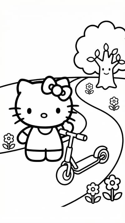 Hello Kitty standing with a scooter in a simple street scene coloring page for kids age 6-8
