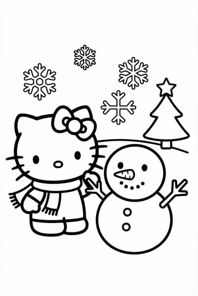 Hello Kitty with a snowman in a simple winter scene coloring page for kids age 6-8