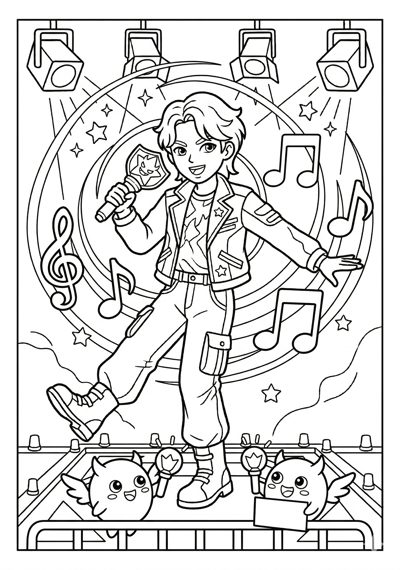 Kpop Demon Hunter performing for two tiny mascot fan spirits in front row coloring page for kids age 6-8