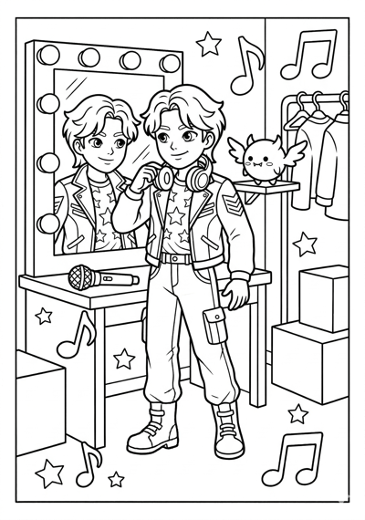 Kpop Demon Hunter backstage with simple dressing room mirror and one tiny spirit coloring page for kids age 6-8