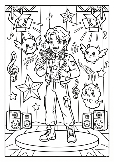 Kpop Demon Hunter in center of simple concert stage with speakers and floating stars coloring page for kids age 6-8