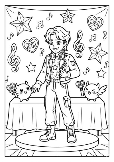 Kpop Demon Hunter leaning forward to greet two small mascot fan spirits with lightsticks coloring page for kids age 6-8