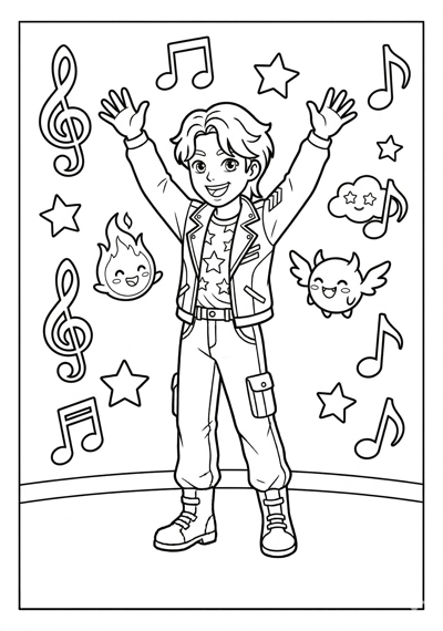 One Kpop Demon Hunter cheering with two tiny cheering spirits and music notes coloring page for kids age 6-8