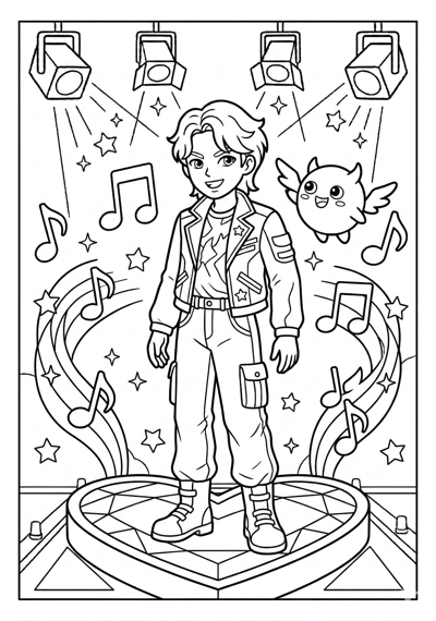 Kpop Demon Hunter on a small heart-shaped stage with musical notes coloring page for kids age 6-8