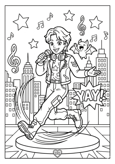 Kpop Demon Hunter doing a knee slide dance move with motion lines and mascot spirit cheering coloring page for kids age 6-8