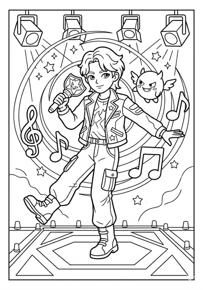 Kpop Demon Hunter raising a glowing lightstick with simple aura lines and one round spirit coloring page for kids age 6-8