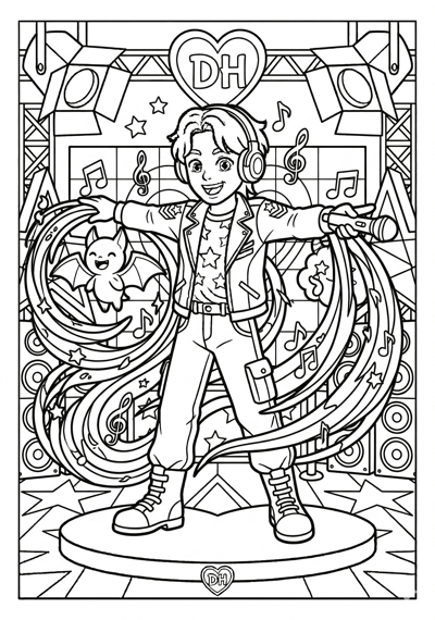 Kpop Demon Hunter in detailed idol outfit sending swirling music notes around a small mascot monster coloring page for kids age 9-10
