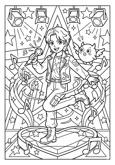 Kpop Demon Hunter spinning with simple motion lines and one surprised mascot spirit coloring page for kids age 6-8