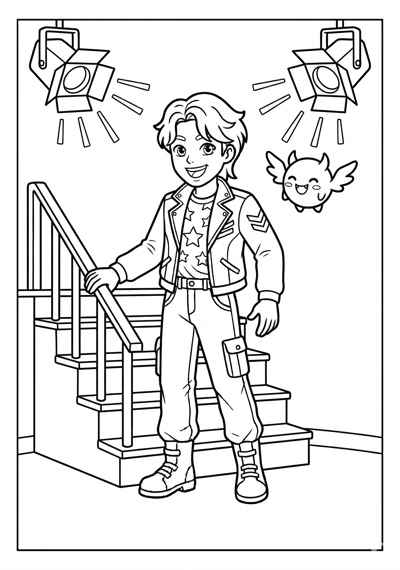 Kpop Demon Hunter standing on simple stage stairs with lights and one spirit coloring page for kids age 6-8