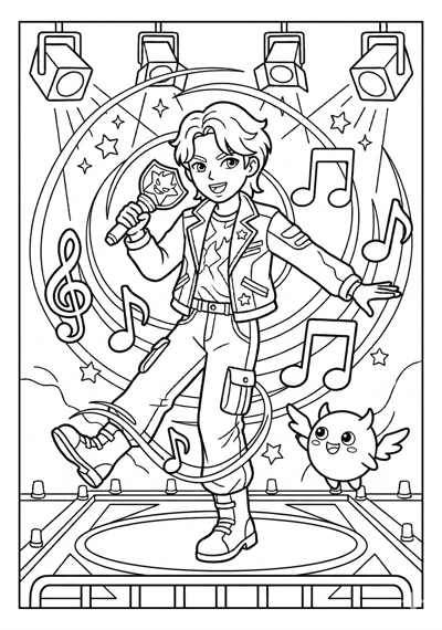 Kpop Demon Hunter in side step dance pose with music notes and stars coloring page for kids age 6-8