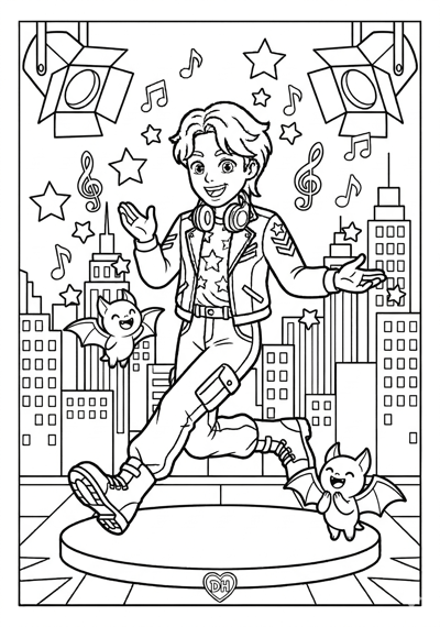 Kpop Demon Hunter doing a simple dance line move with musical notes and one mascot spirit beside coloring page for kids age 6-8