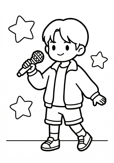 Very simple Kpop Demon Hunter dance pose holding a microphone with large shapes coloring page for toddlers age 3-5