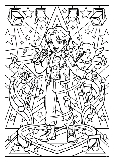 Kpop Demon Hunter and small mascot spirit both singing into microphones coloring page for kids age 6-8