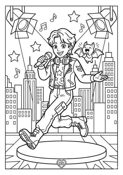 Kpop Demon Hunter singing under two big spotlights and one mascot spirit clapping coloring page for kids age 6-8