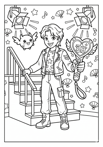 Kpop Demon Hunter holding a big heart-shaped lightstick with one cute mascot spirit coloring page for kids age 6-8