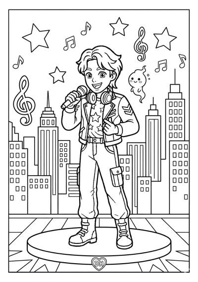 Kpop Demon Hunter performing with simple city skyline and lights behind and one tiny spirit coloring page for kids age 6-8