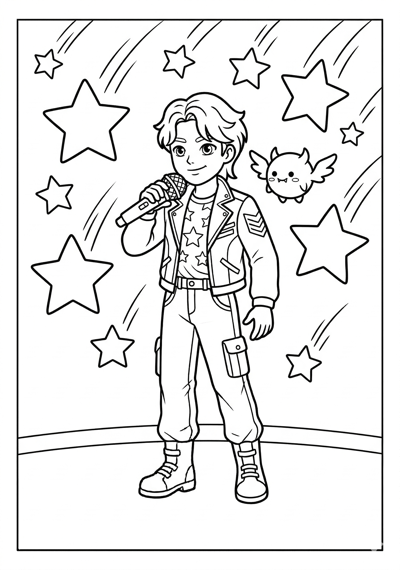 Kpop Demon Hunter holding microphone while big stars fall in background with a small mascot monster coloring page for kids age 6-8