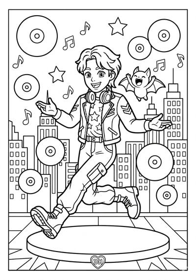 Kpop Demon Hunter posing while simple record discs and music notes float around with one spirit coloring page for kids age 6-8