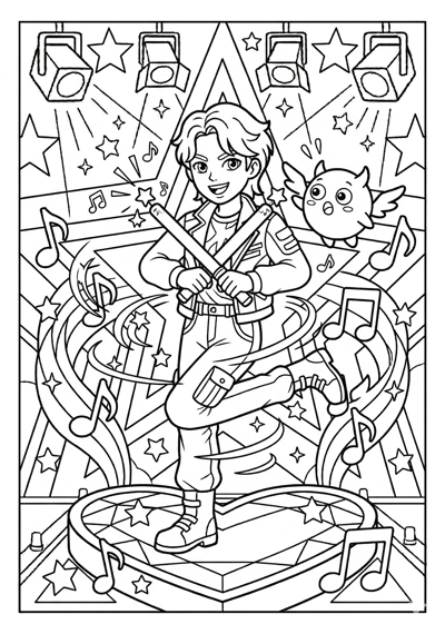 Kpop Demon Hunter holding two glow sticks crossed in front with music notes coloring page for kids age 6-8