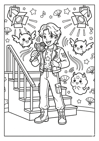 Kpop Demon Hunter singing while simple sound waves travel toward two small spirits coloring page for kids age 6-8