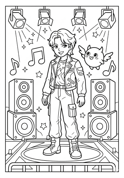 Kpop Demon Hunter standing between two simple speakers and one mascot spirit coloring page for kids age 6-8
