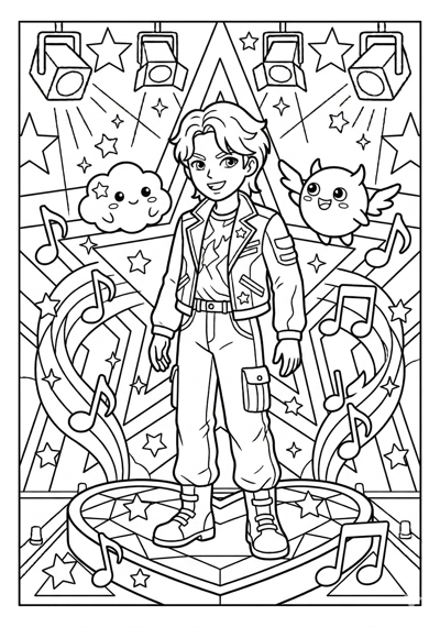 Kpop Demon Hunter posing in front of star backdrop with two floating spirits coloring page for kids age 6-8