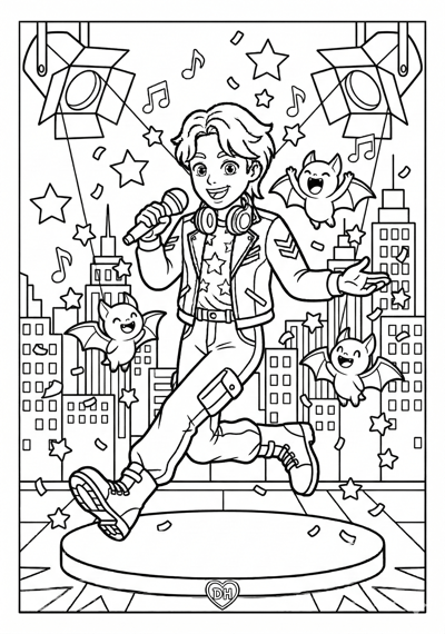 Kpop Demon Hunter on small stage as star confetti falls with two tiny spirits coloring page for kids age 6-8