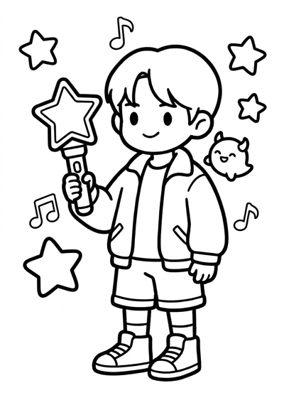 Simple Kpop Demon Hunter holding microphone with a few big stars and music notes around coloring page for kids age 3-5