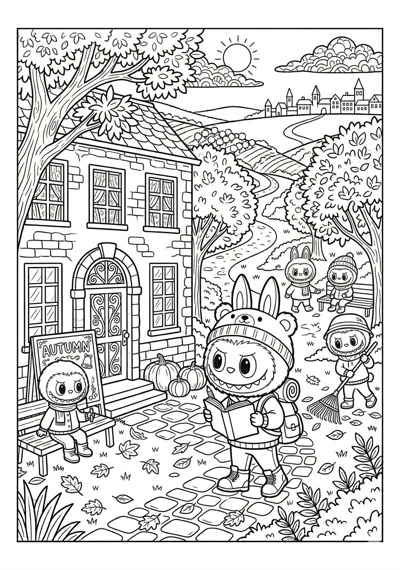 Labubu autumn school courtyard with labubu coloring page for kids age 9-10