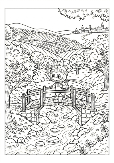 Labubu bridge over autumn creek with labubu coloring page for kids age 9-10
