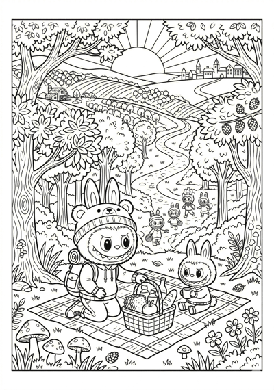Labubu forest picnic spot with labubu coloring page for kids age 9-10