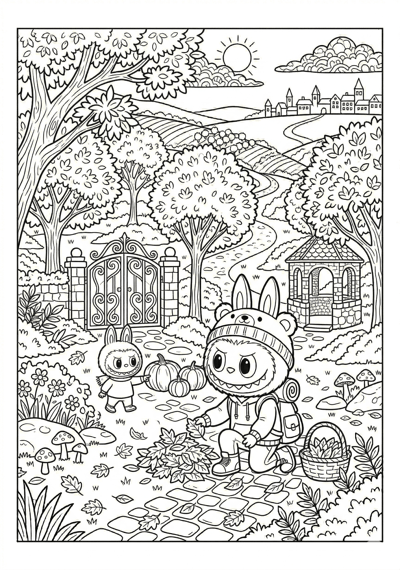 Labubu golden leaves garden with labubu coloring page for kids age 9-10