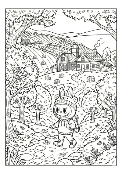 Labubu hillside trees and farm with labubu coloring page for kids age 9-10