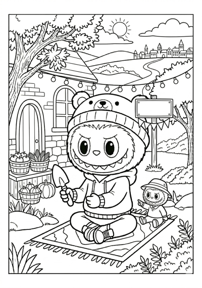 Labubu labubu at harvest market coloring page for kids age 6-8