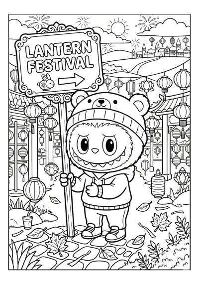 Labubu labubu at lantern festival coloring page for kids age 6-8