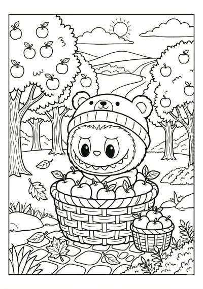 Labubu labubu in apple orchard basket coloring page for kids age 6-8