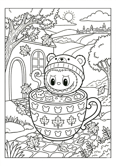 Labubu labubu in cozy cup of cocoa coloring page for kids age 6-8