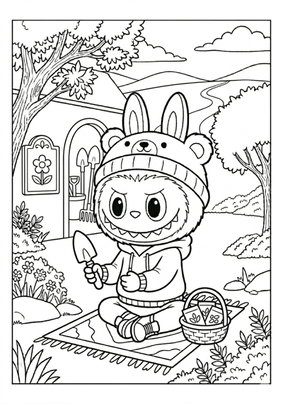 Labubu labubu in garden path coloring page for kids age 6-8